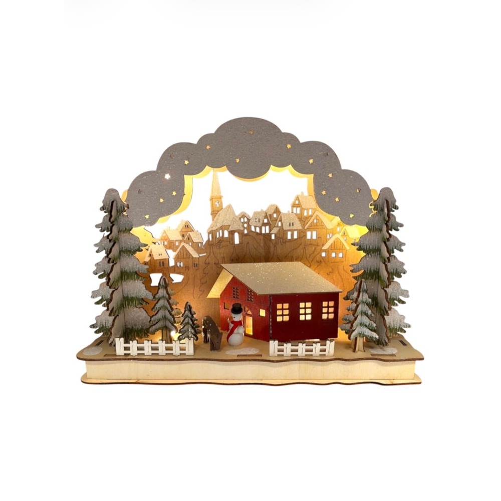 Light Up Wooden Nordic Style Christmas Village Arch Music Box Snowman Deer
